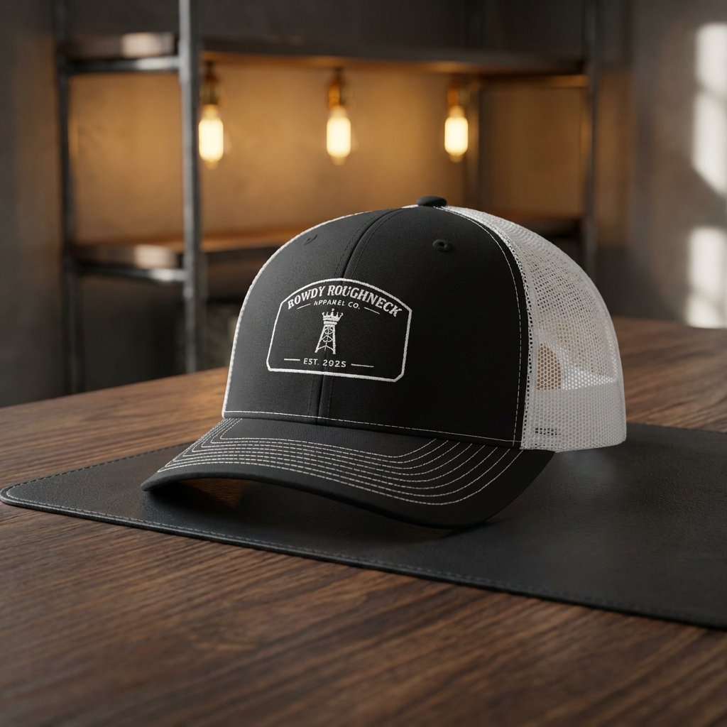 Rowdy Roughneck Apparel Badge Hat – Richardson 112 Trucker Cap – Oilfield Roughneck Snapback Hat – Embroidered